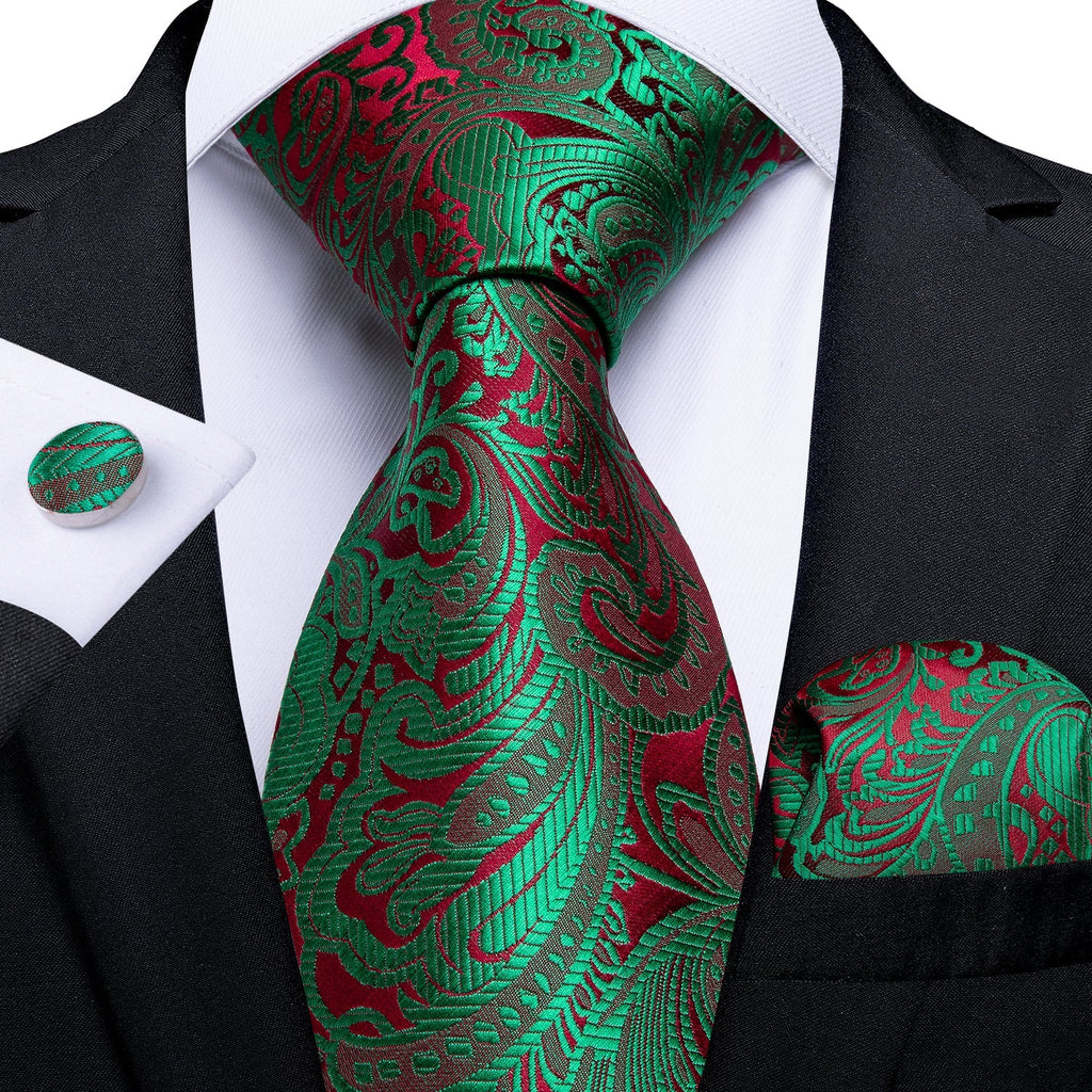 Green and Red Paisley Silk Tie Set - GentCrest