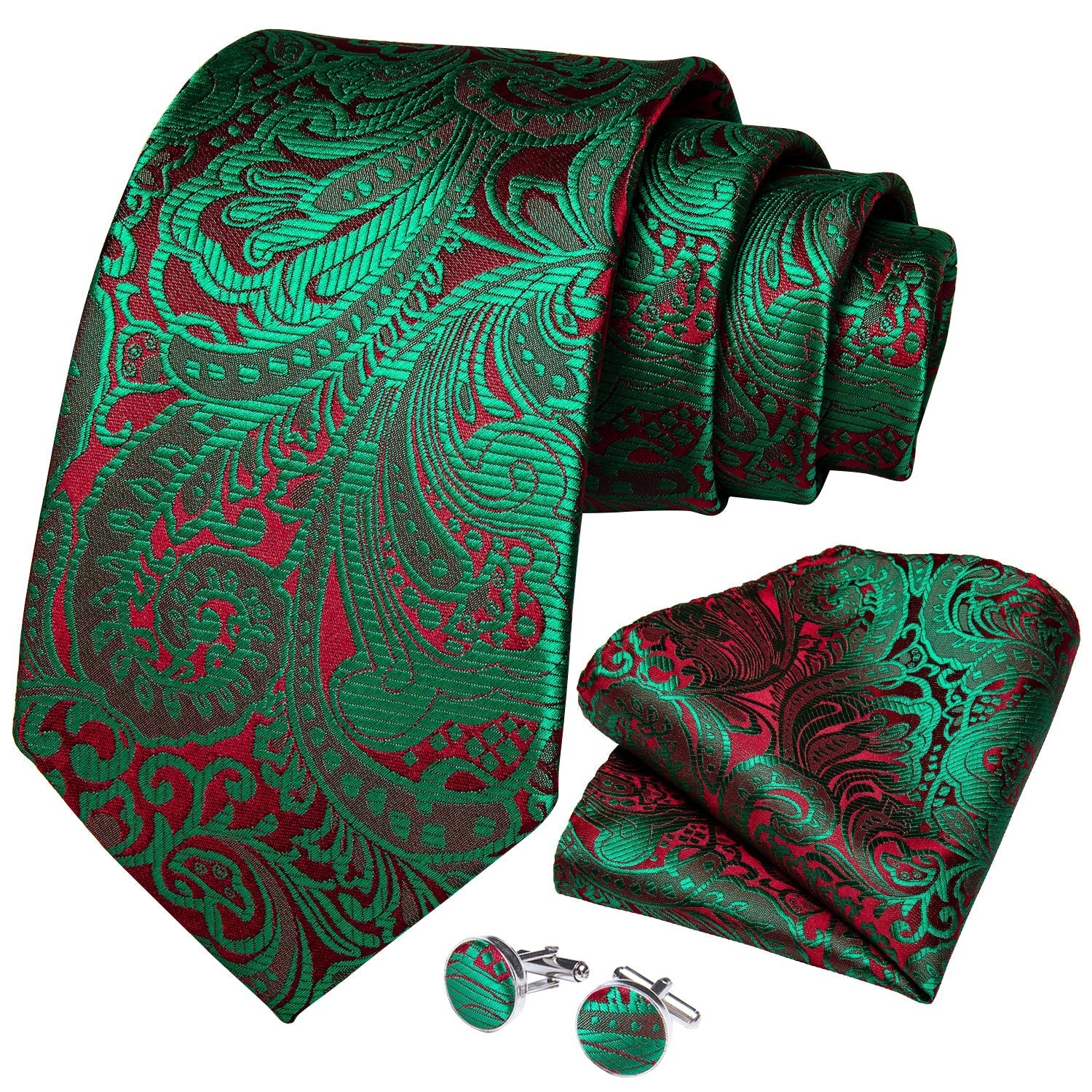 Green and Red Paisley Silk Tie Set - GentCrest - View 3