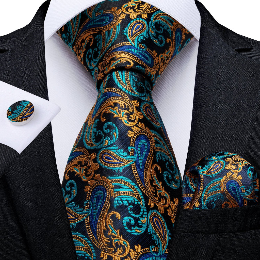 Aquamarine and Gold Luxury Silk Tie Set - GentCrest