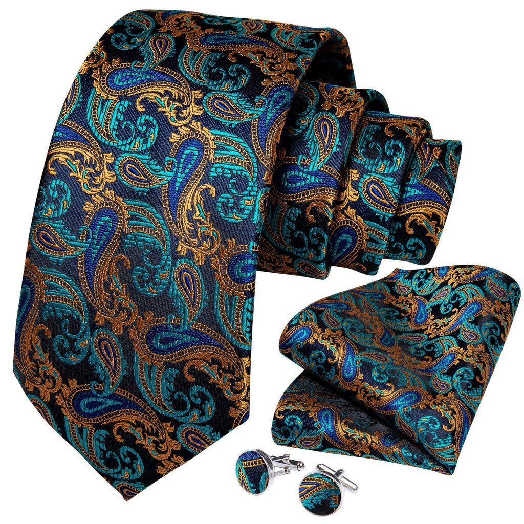 Aquamarine and Gold Luxury Silk Tie Set - GentCrest - View 3