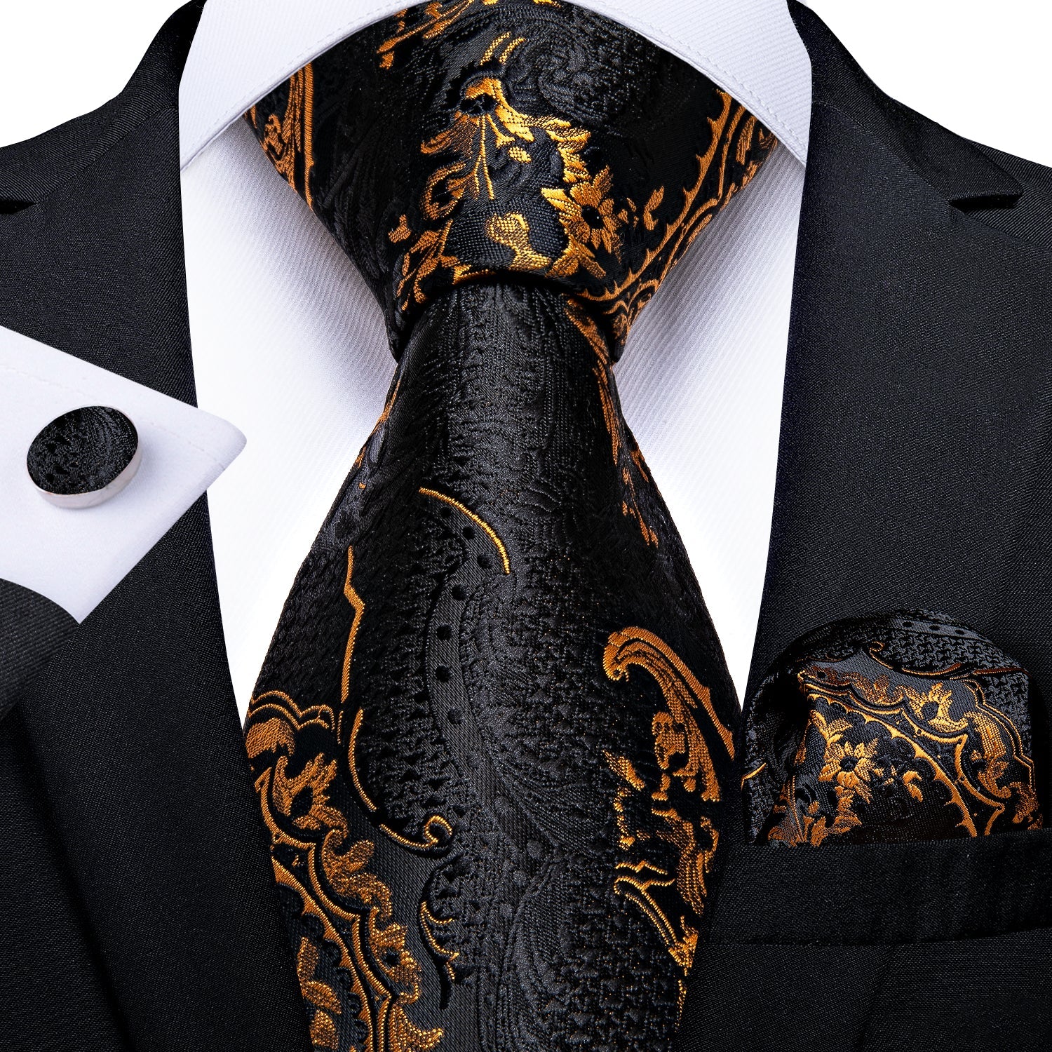 GentCrest Black Paisley Tie Hanky Cufflinks Set - Image 1