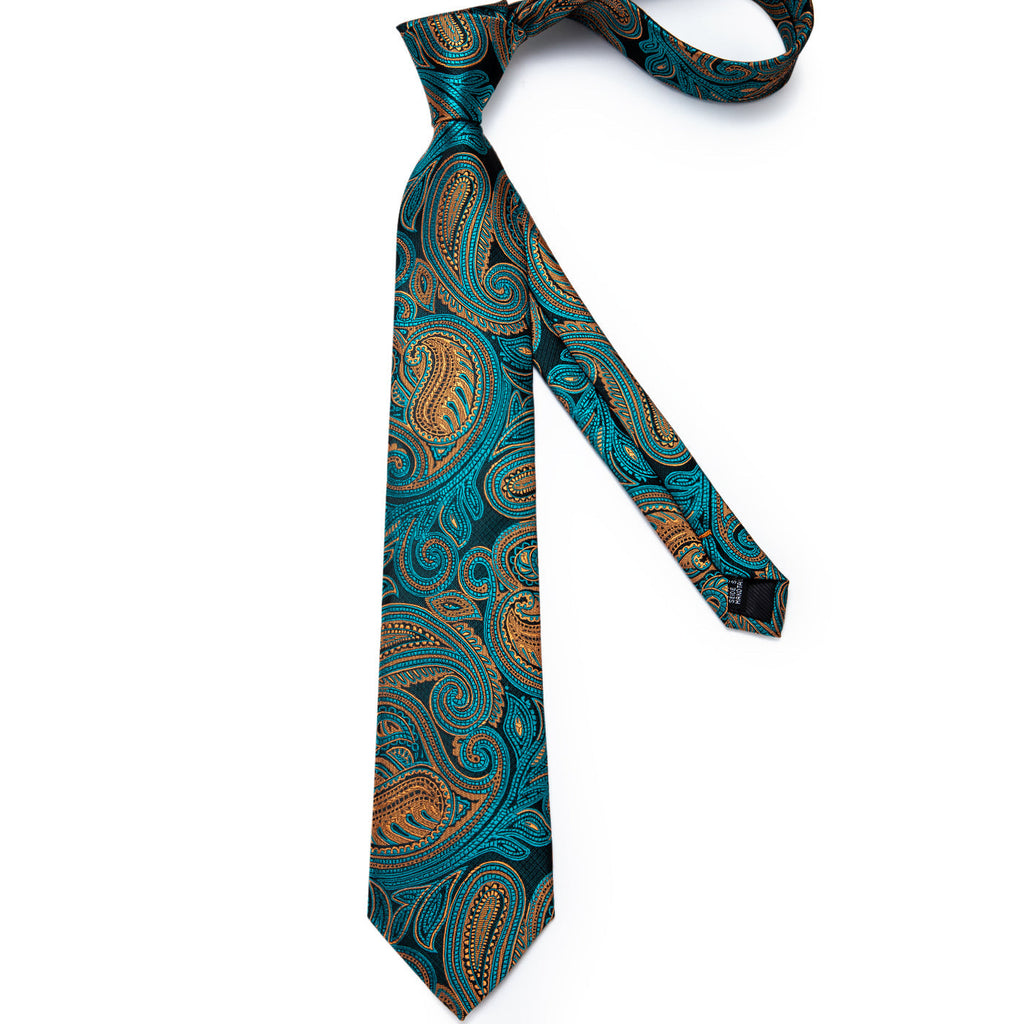 Turquoise & Gold Paisley Silk Tie Set - GentCrest - View 4