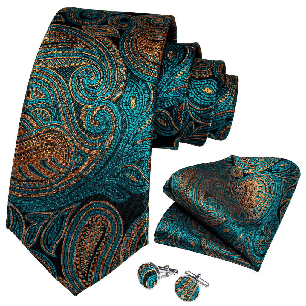 Turquoise & Gold Paisley Silk Tie Set - GentCrest - View 3