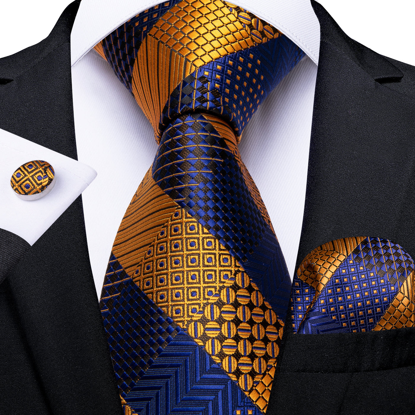 Orange & Navy Checkered Silk Tie Set - GentCrest