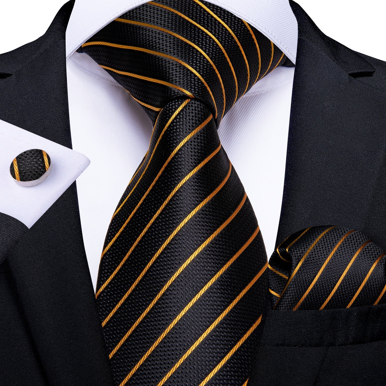 GentCrest Black Striped Tie Hanky Cufflinks Set - Image 1