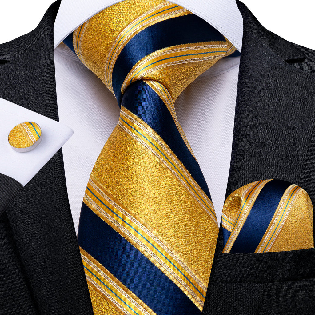 Gold & Navy Striped Silk Tie Set - GentCrest
