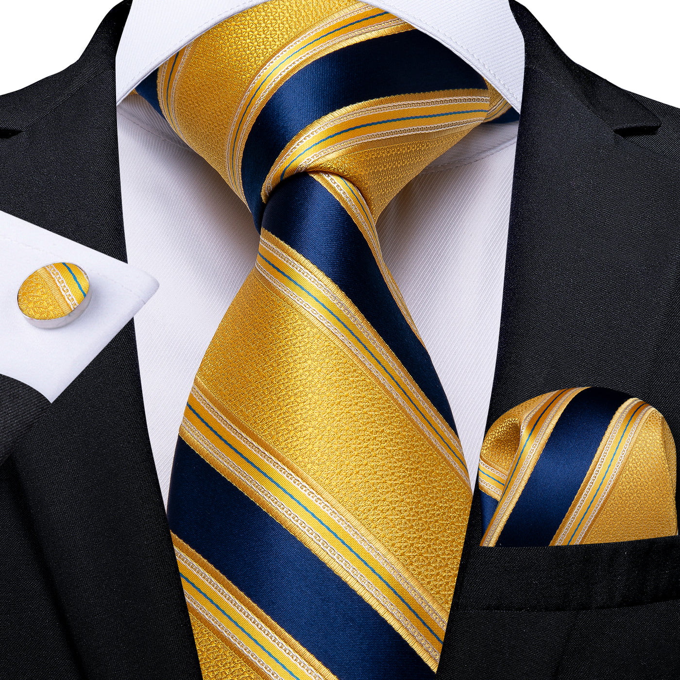 Gold & Navy Striped Silk Tie Set - GentCrest
