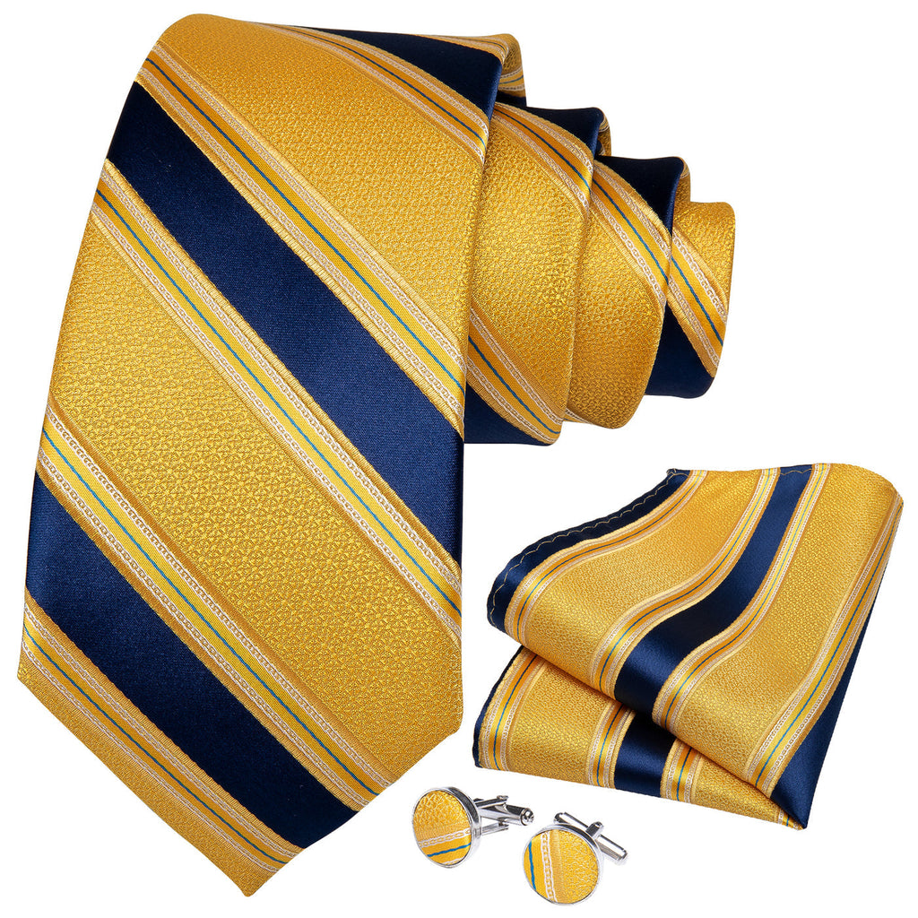 Gold & Navy Striped Silk Tie Set - GentCrest - View 3