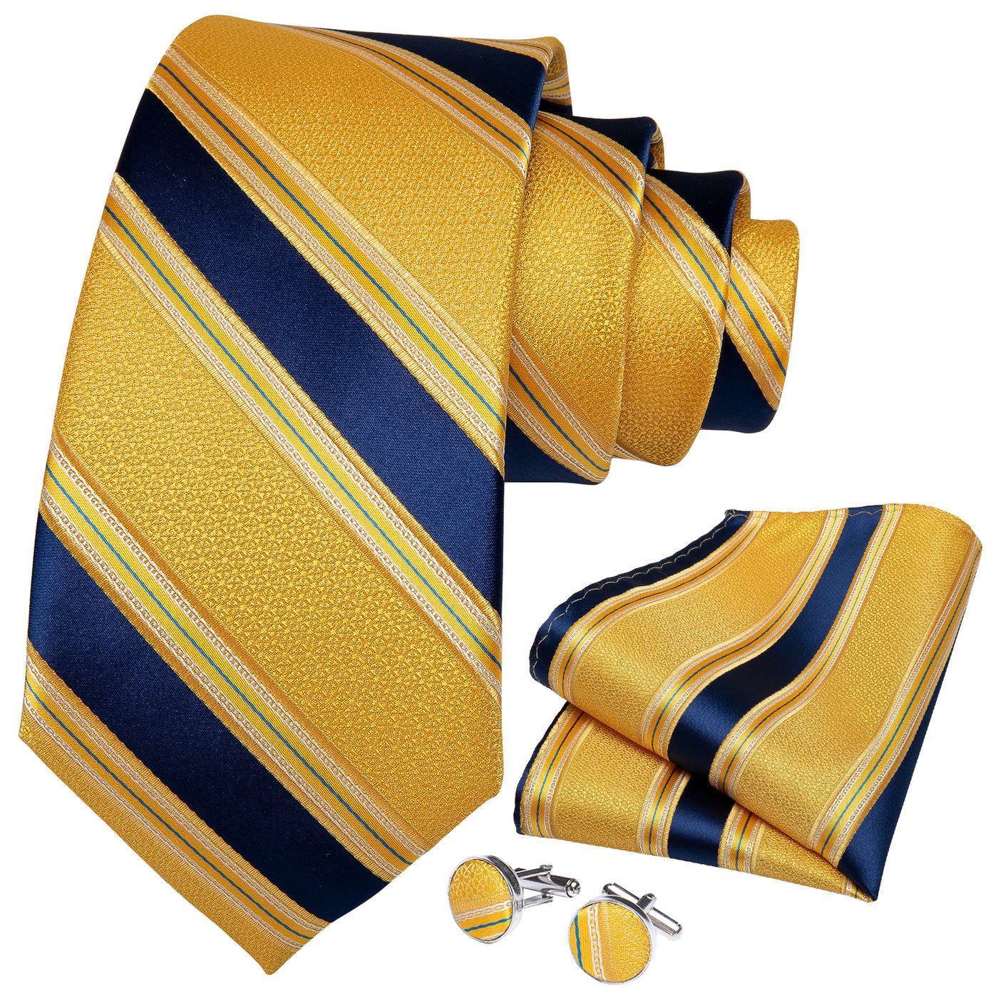 Gold & Navy Striped Silk Tie Set - GentCrest - View 3