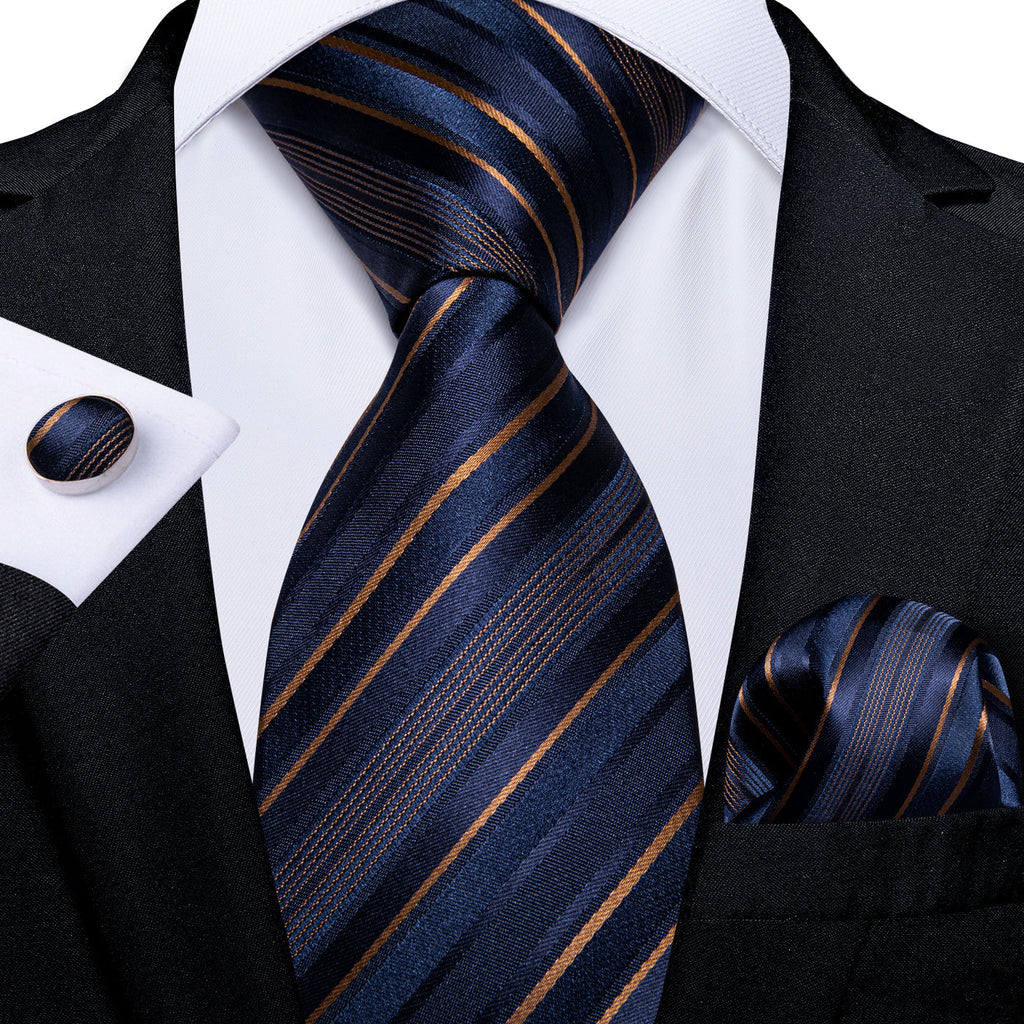 Navy Blue & Gold Striped Silk Tie Set - GentCrest