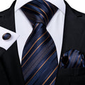 Navy Blue & Gold Striped Silk Tie Set - GentCrest