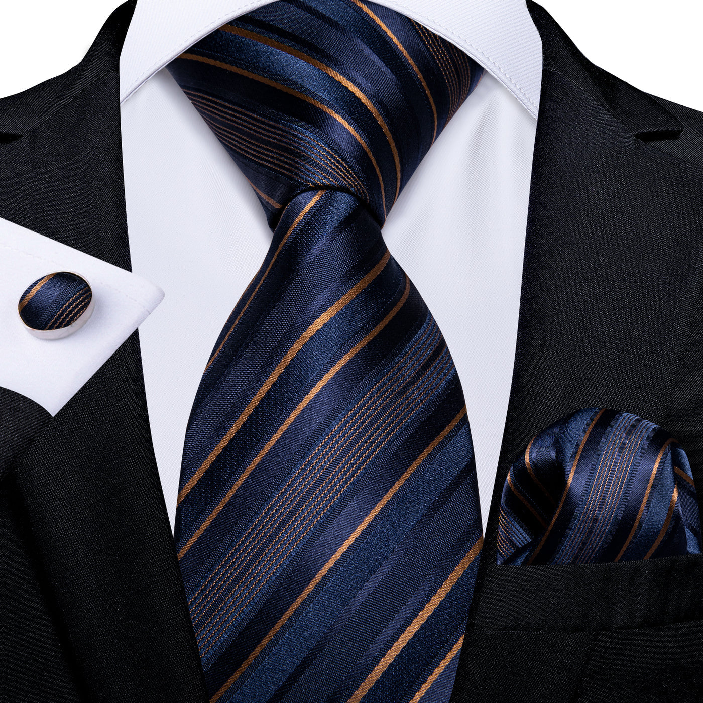 Navy Blue & Gold Striped Silk Tie Set - GentCrest