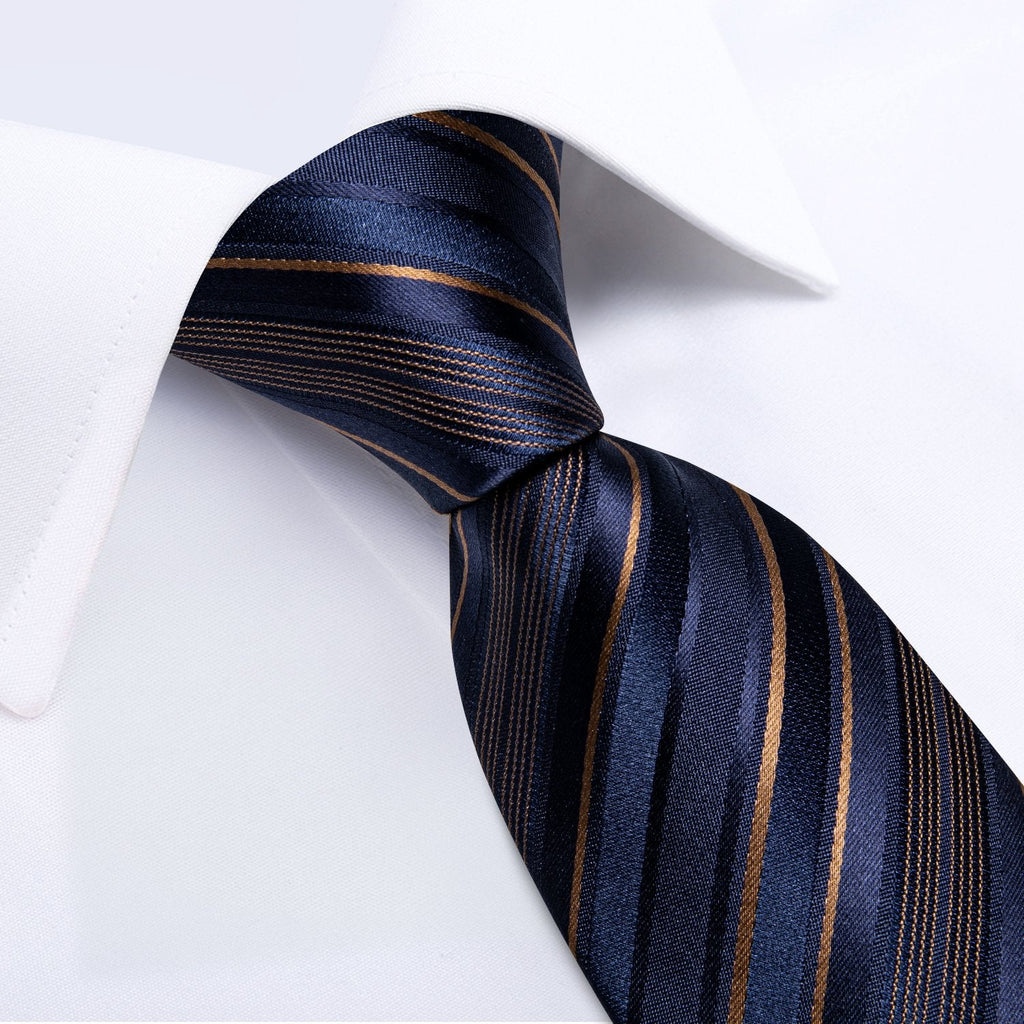Navy Blue & Gold Striped Silk Tie Set - GentCrest - View 2