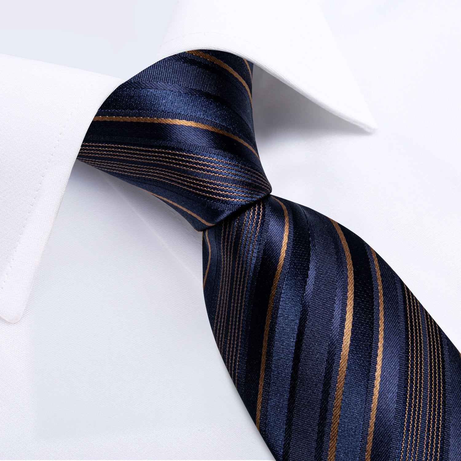 Navy Blue & Gold Striped Silk Tie Set - GentCrest - View 2