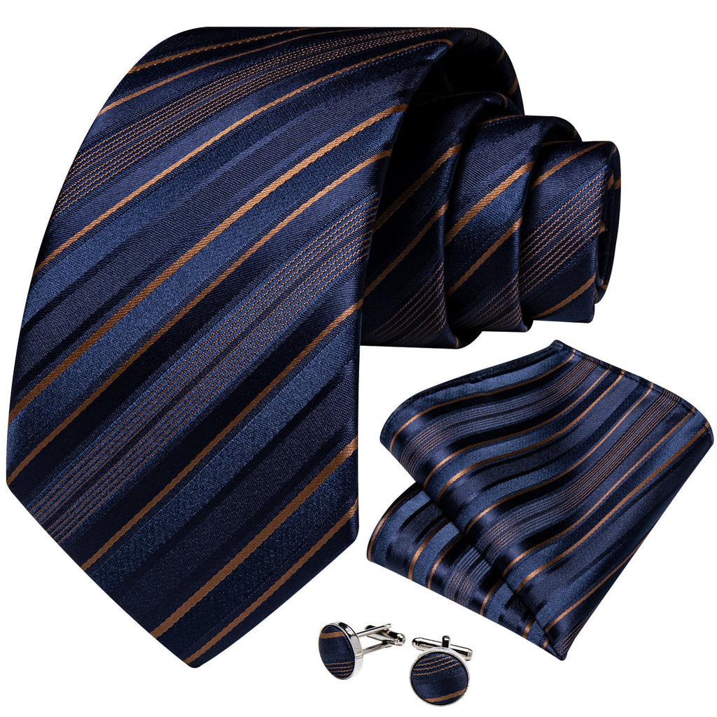 Navy Blue & Gold Striped Silk Tie Set - GentCrest - View 3