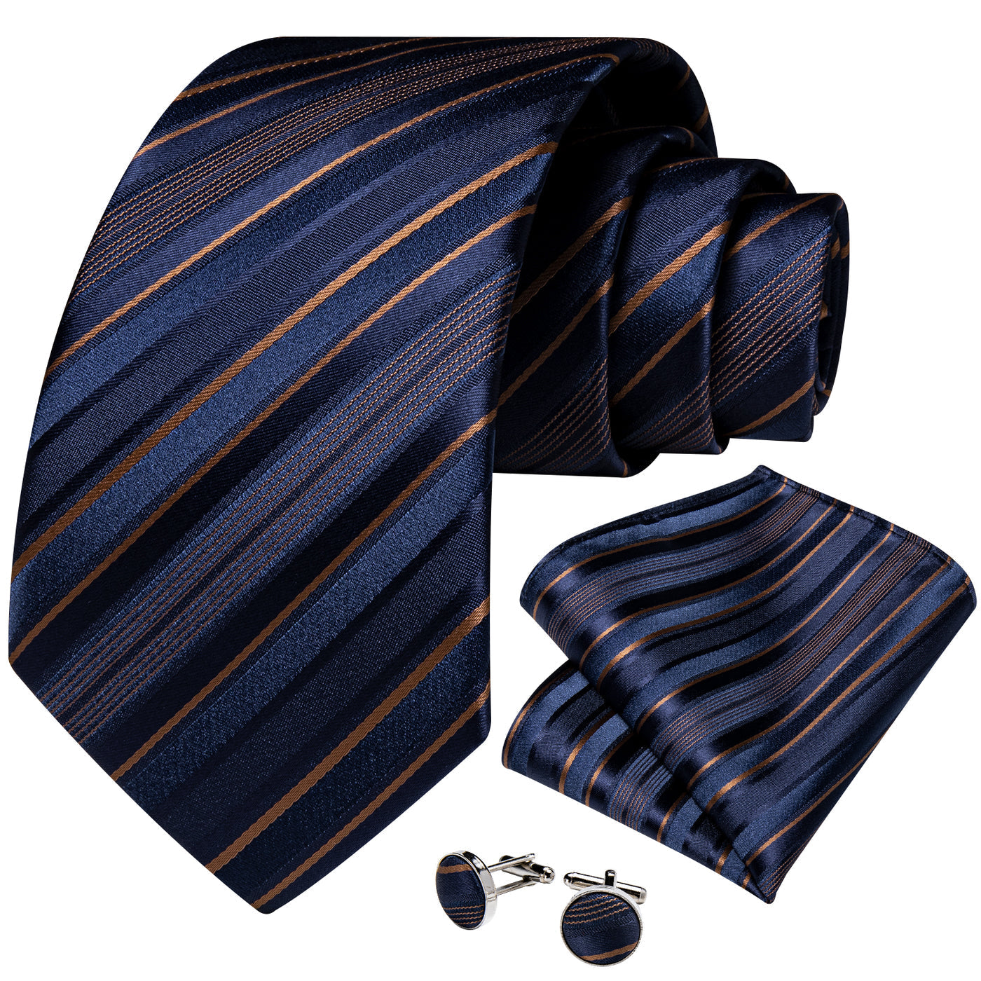 Navy Blue & Gold Striped Silk Tie Set - GentCrest - View 3