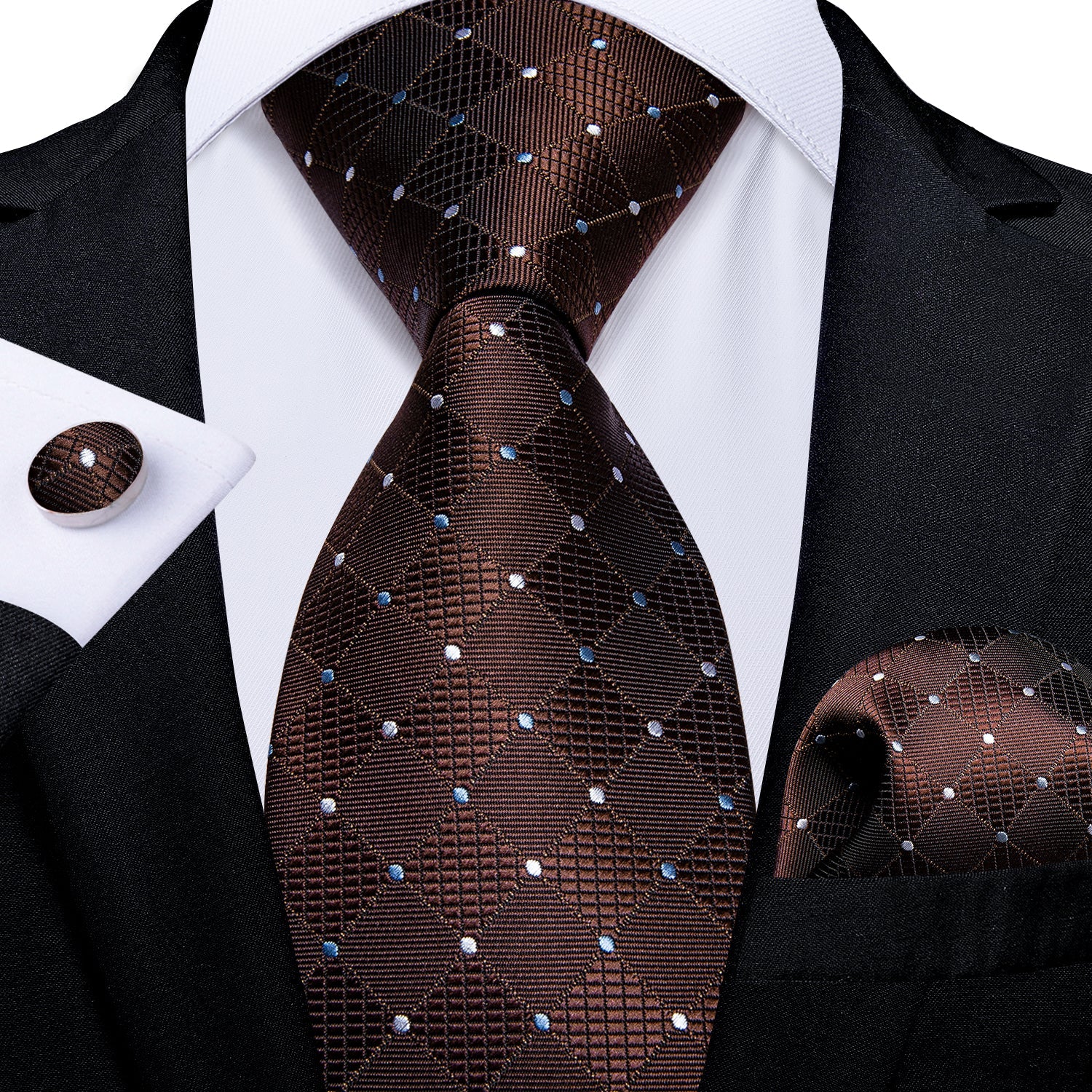 GentCrest Brown Plaid Tie Hanky Cufflinks Set - Image 1