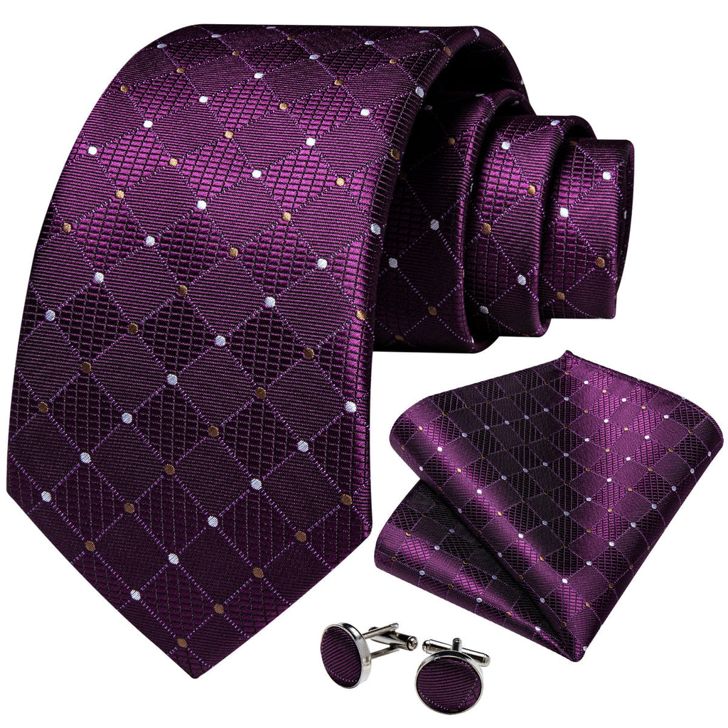 Purple Plaid Polka Dot Silk Tie Set - GentCrest - View 3