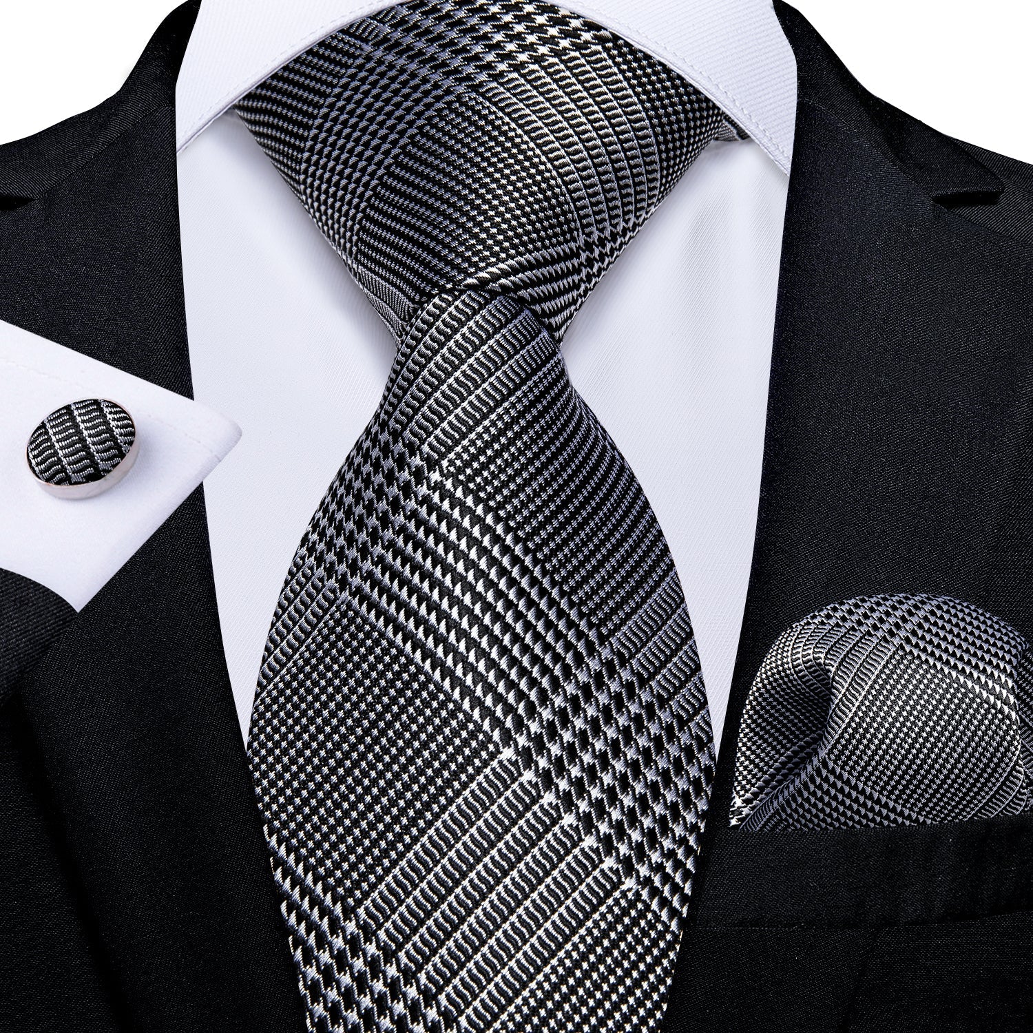GentCrest Black Plaid Tie Hanky Cufflinks Set - Image 1