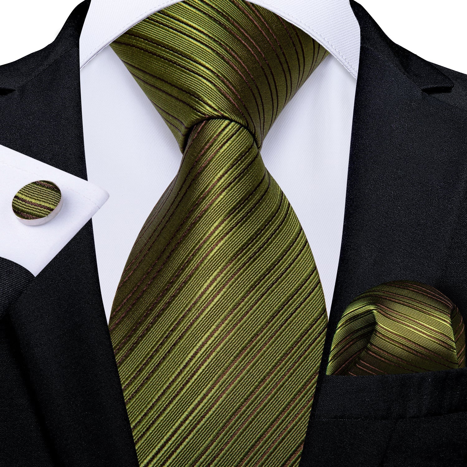 GentCrest Green Striped Tie Hanky Cufflinks Set - Image 1