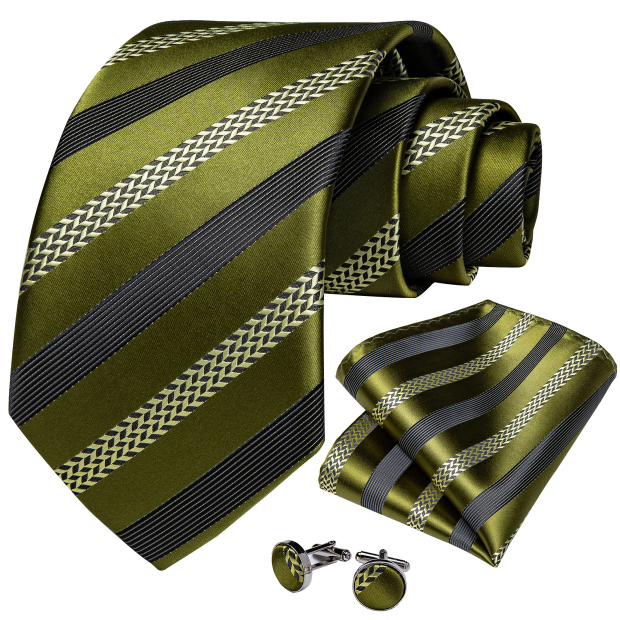 Olive Stripe Silk Tie Set - GentCrest - View 2