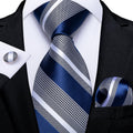 Royal Blue and Gray Striped Silk Tie Set - GentCrest