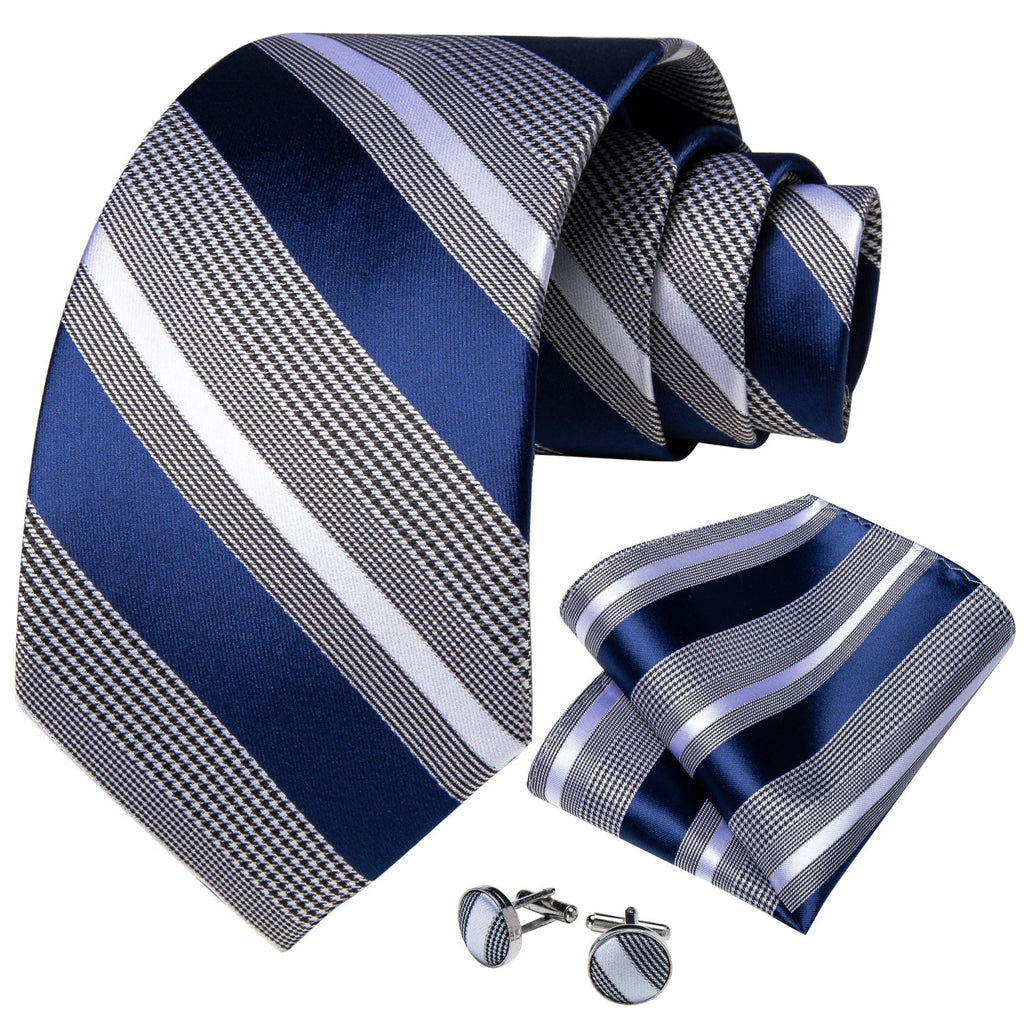 Royal Blue and Gray Striped Silk Tie Set - GentCrest - View 2