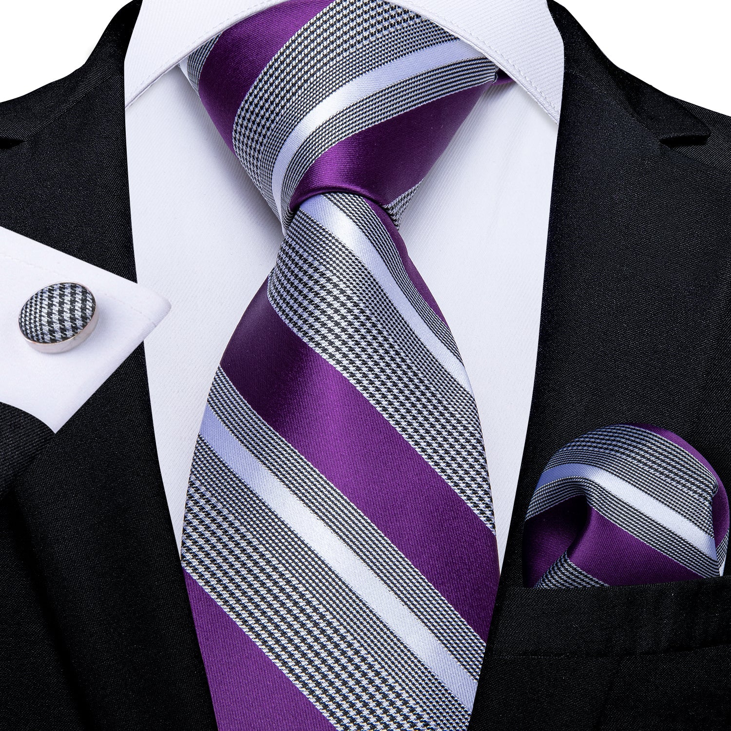 GentCrest Purple Striped Tie Hanky Cufflinks Set - Image 1