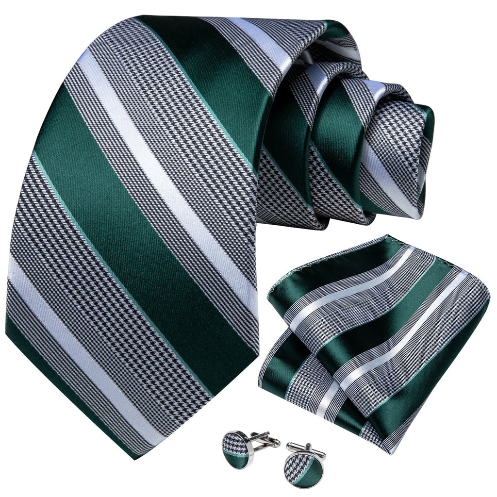 Green and Gray Striped Silk Tie Set - GentCrest - View 3