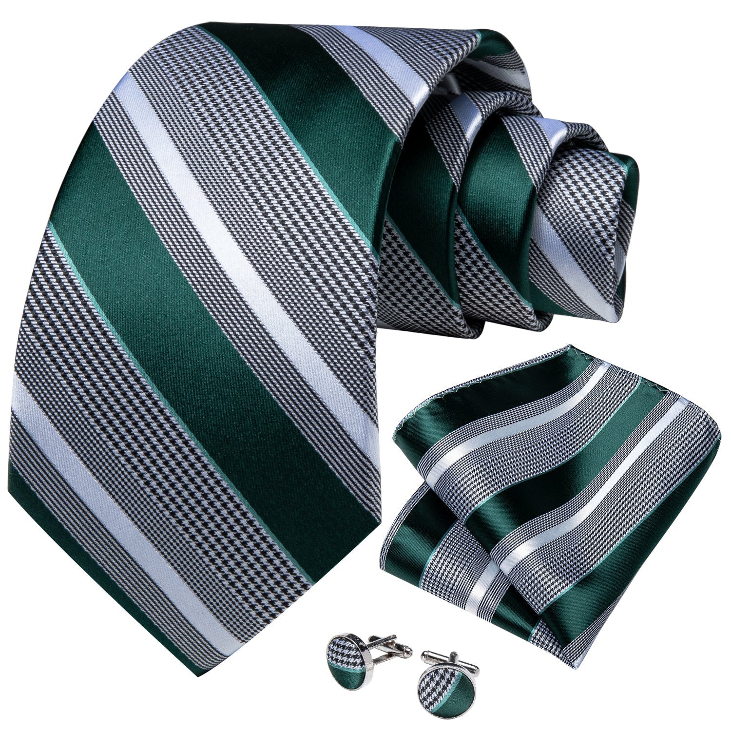 Green and Gray Striped Silk Tie Set - GentCrest - View 3