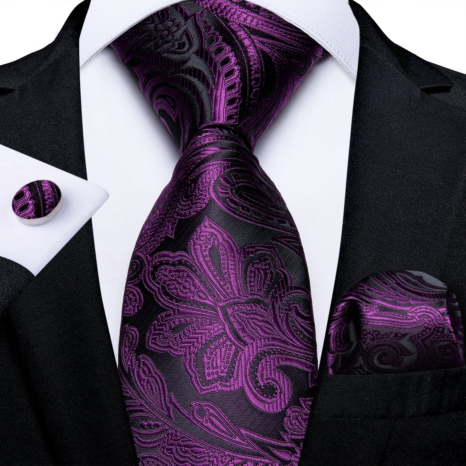 GentCrest Purple Floral Tie Hanky Cufflinks Set - Image 1