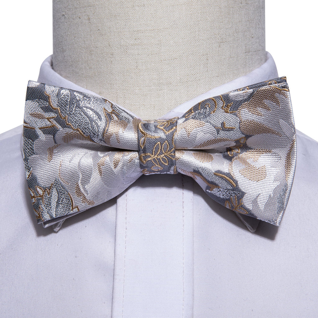Golden White Floral Bow Tie Set - GentCrest - View 2