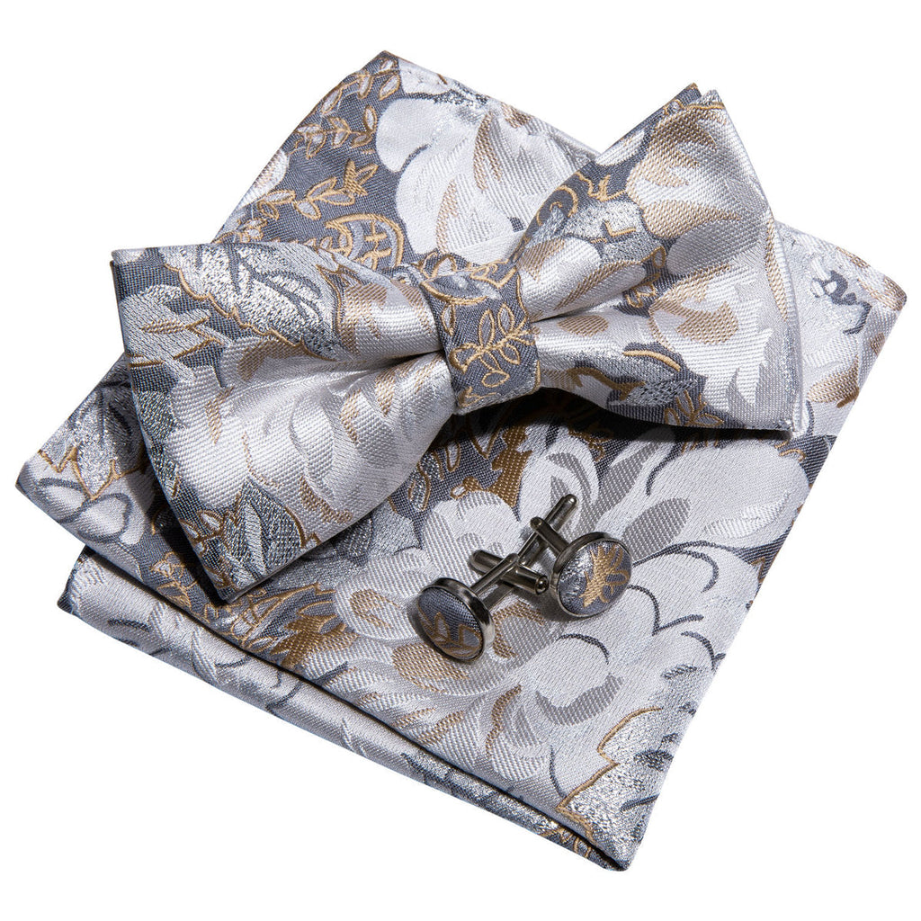 Golden White Floral Bow Tie Set - GentCrest