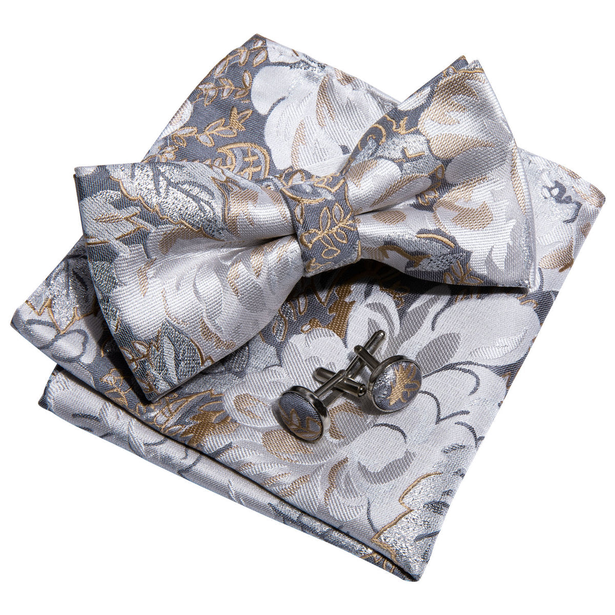Golden White Floral Bow Tie Set - GentCrest