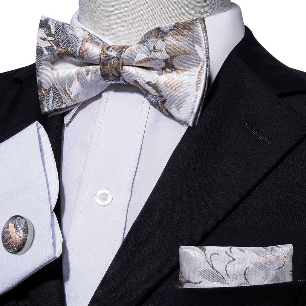 Golden White Floral Bow Tie Set - GentCrest - View 4