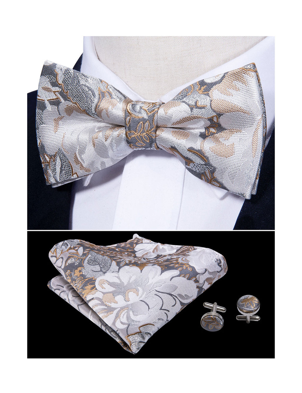 Golden White Floral Bow Tie Set - GentCrest - View 3