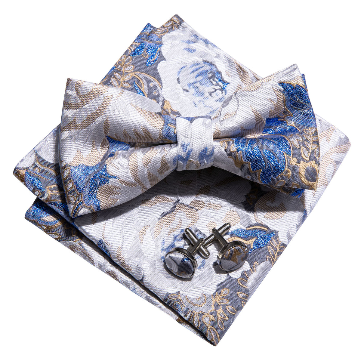 White Blue Floral Bow Tie Set - GentCrest