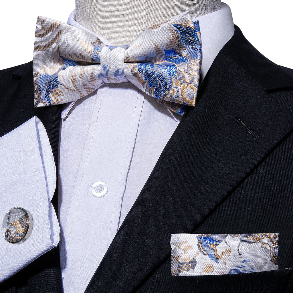 White Blue Floral Bow Tie Set - GentCrest - View 3