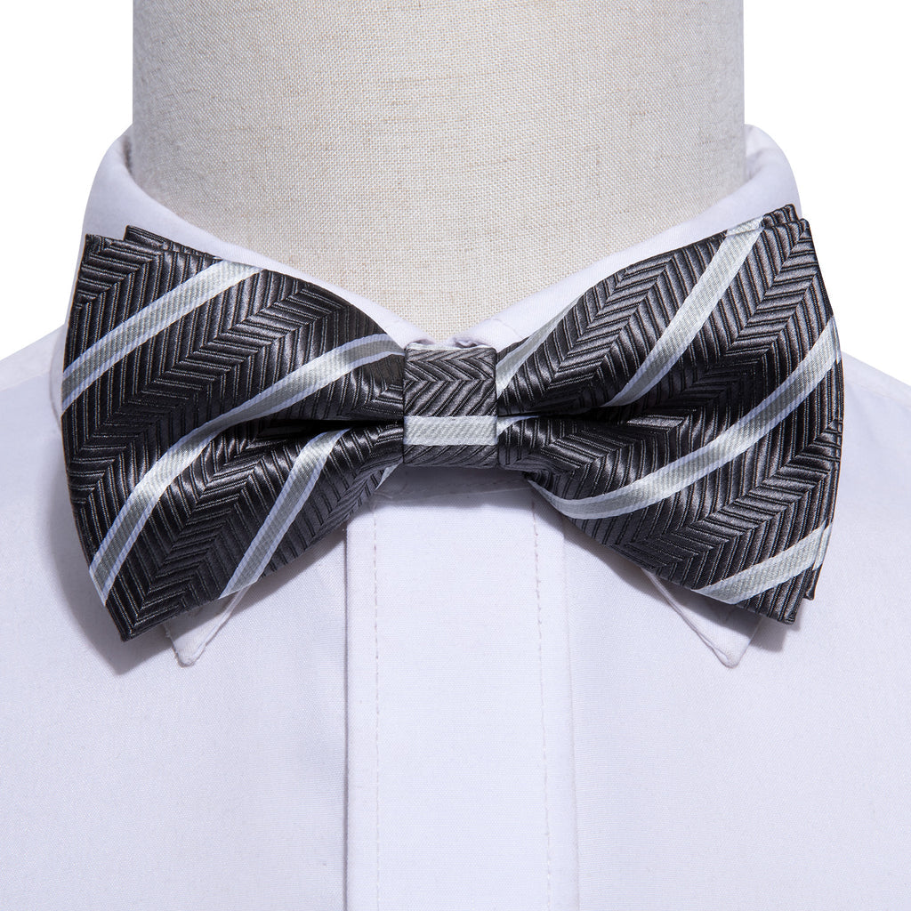 Black White Stripe Bow Tie Set - GentCrest - View 2