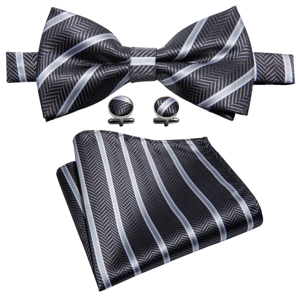 Black White Stripe Bow Tie Set - GentCrest