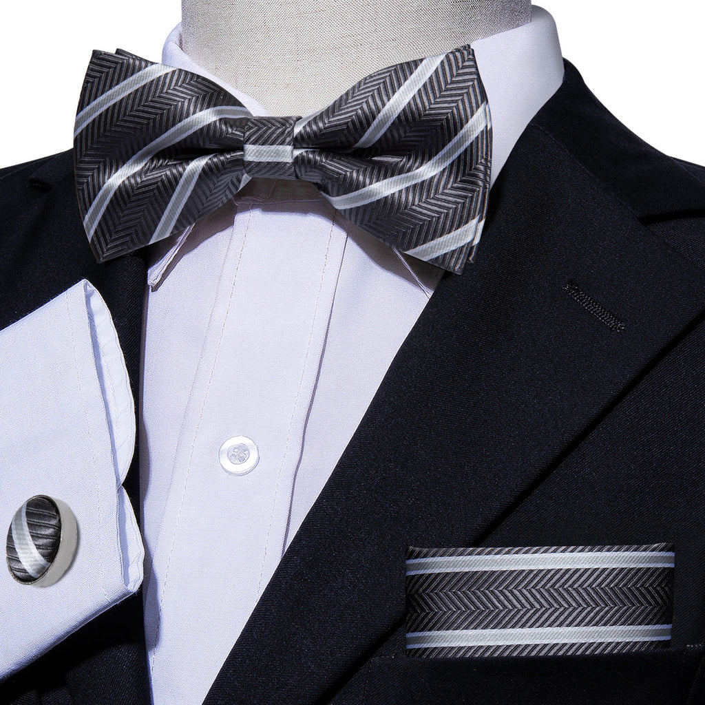 Black White Stripe Bow Tie Set - GentCrest - View 4