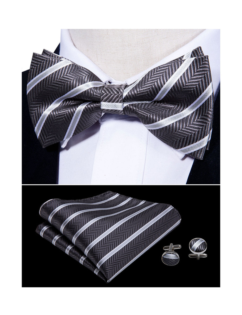 Black White Stripe Bow Tie Set - GentCrest - View 3
