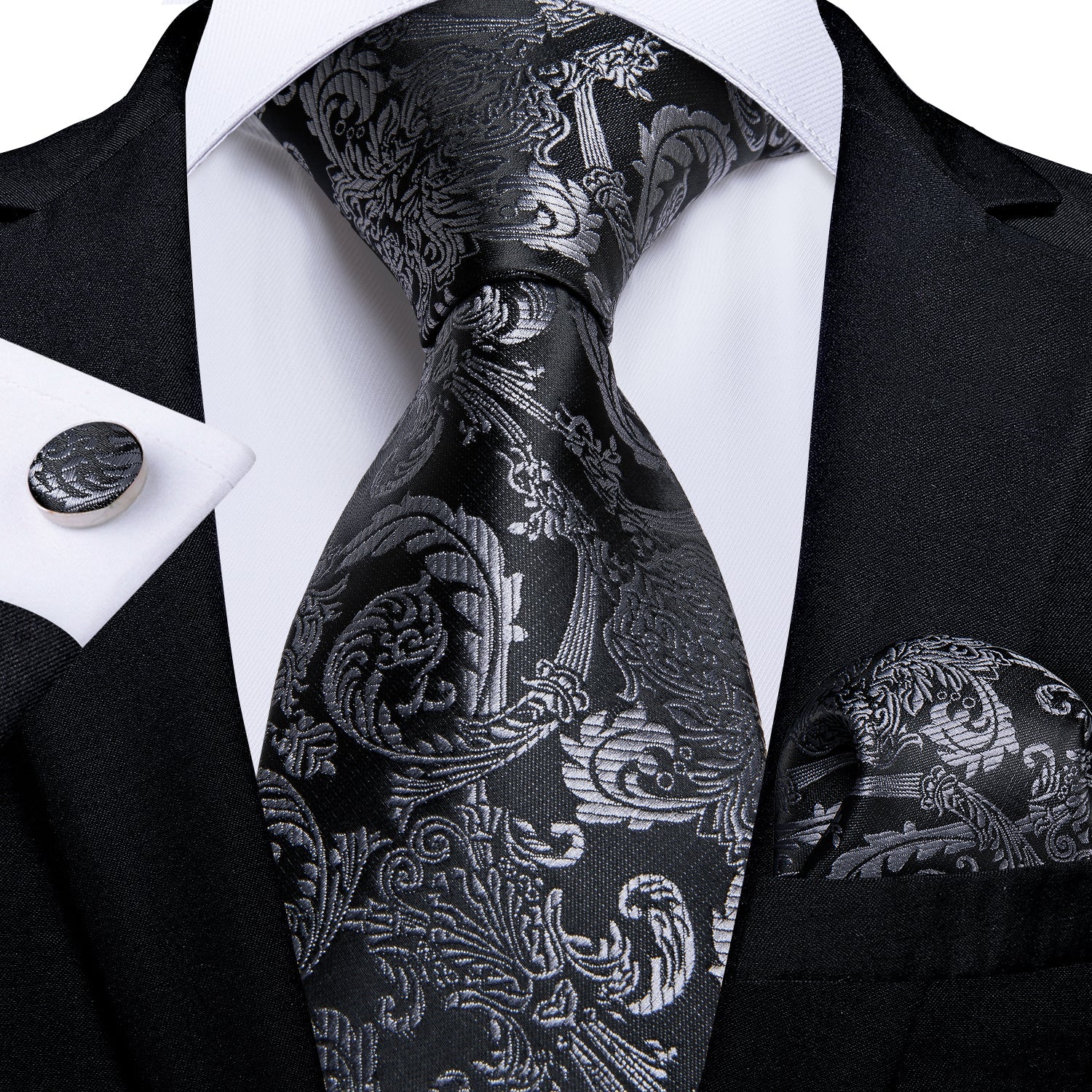 GentCrest Black Paisley Tie Hanky Cufflinks Set - Image 1