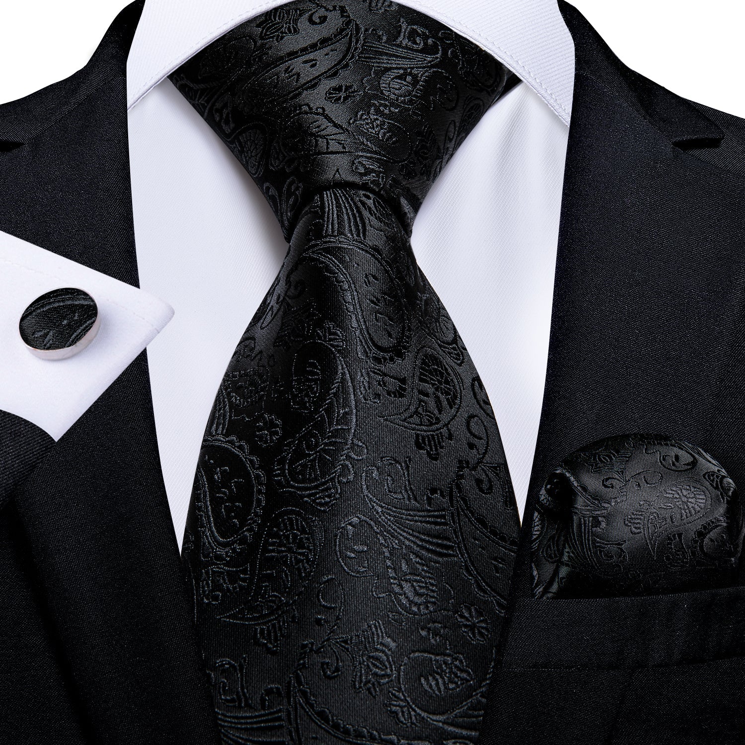 GentCrest Black Paisley Tie Hanky Cufflinks Set - Image 1