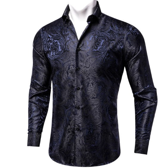Dark Blue and Black Paisley Dress Shirt - GentCrest