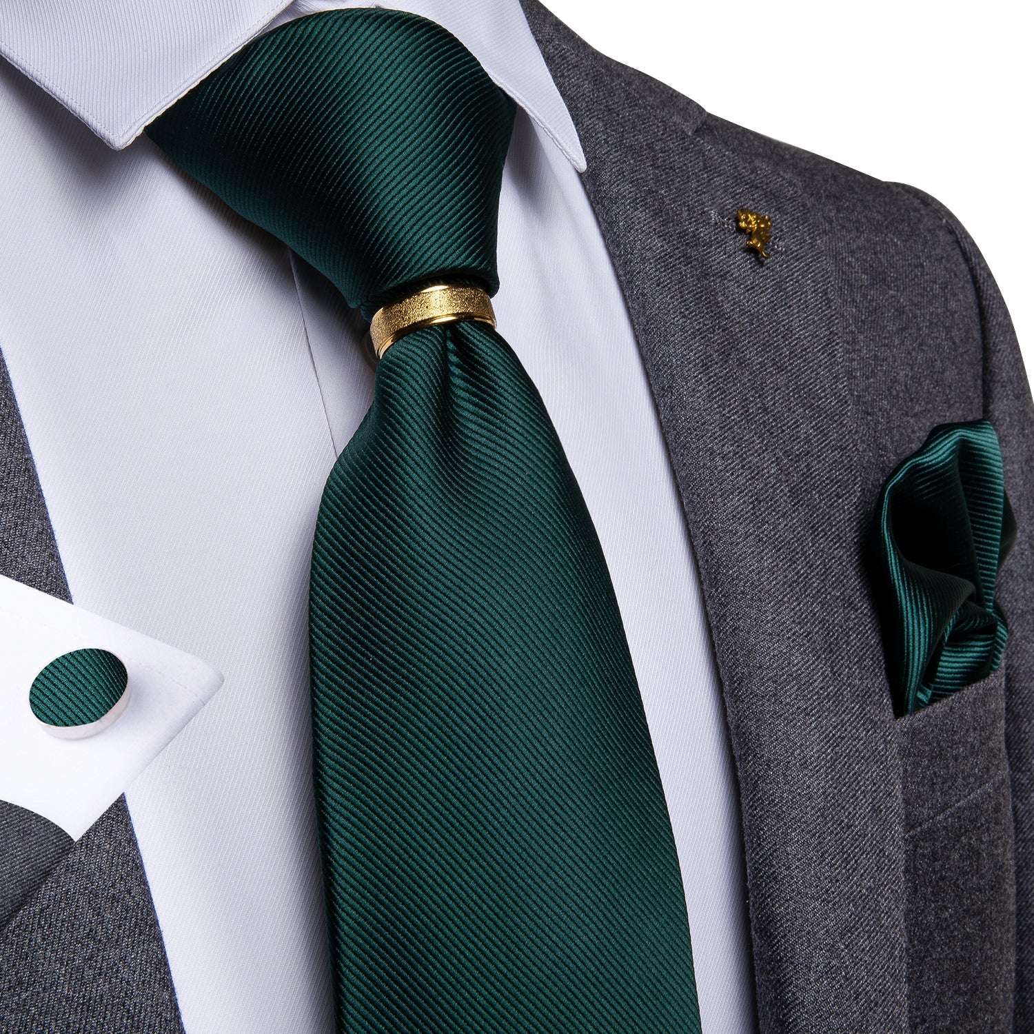 Deep Green Solid Silk Men's Tie Ring Pocket Square Cufflinks Set
