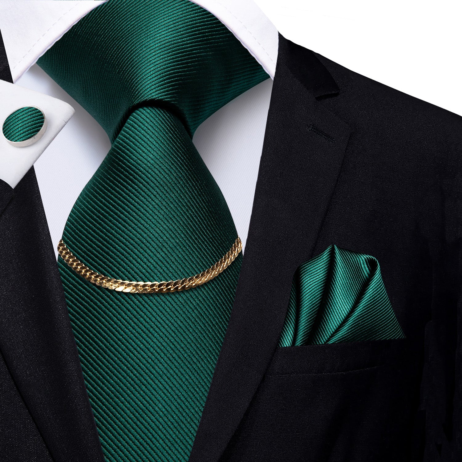 GentCrest Dark Green Tie Silk Fabric Striped Men's Tie Hanky Cufflinks Set With Tie Chain Set