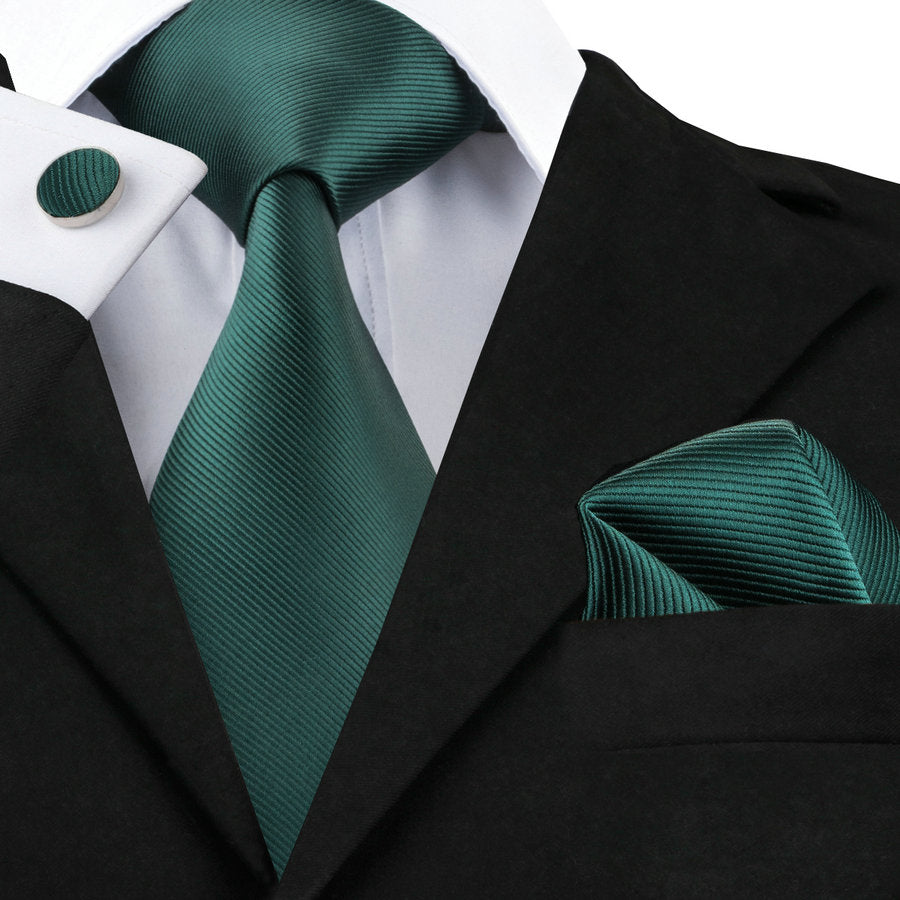 Plain Dark Blue Necktie Handkerchief Cufflinks Set