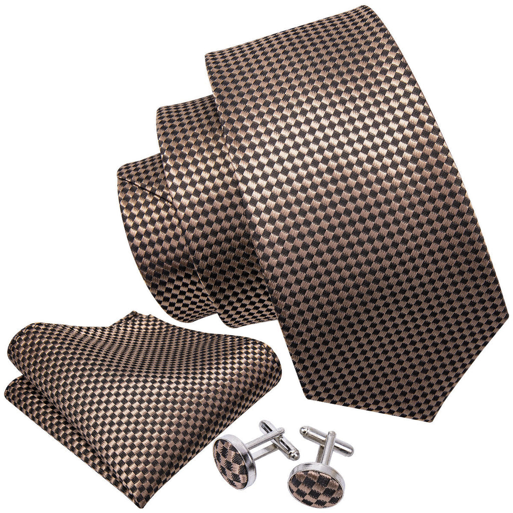 Champagne Brown Plaid Silk Tie Set - GentCrest - View 2