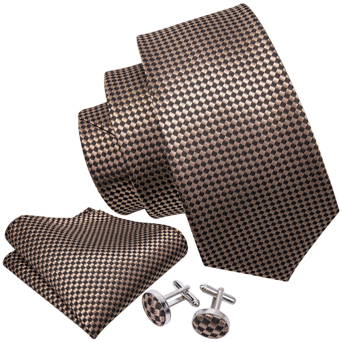 Champagne Brown Plaid Silk Tie Set - GentCrest - View 2